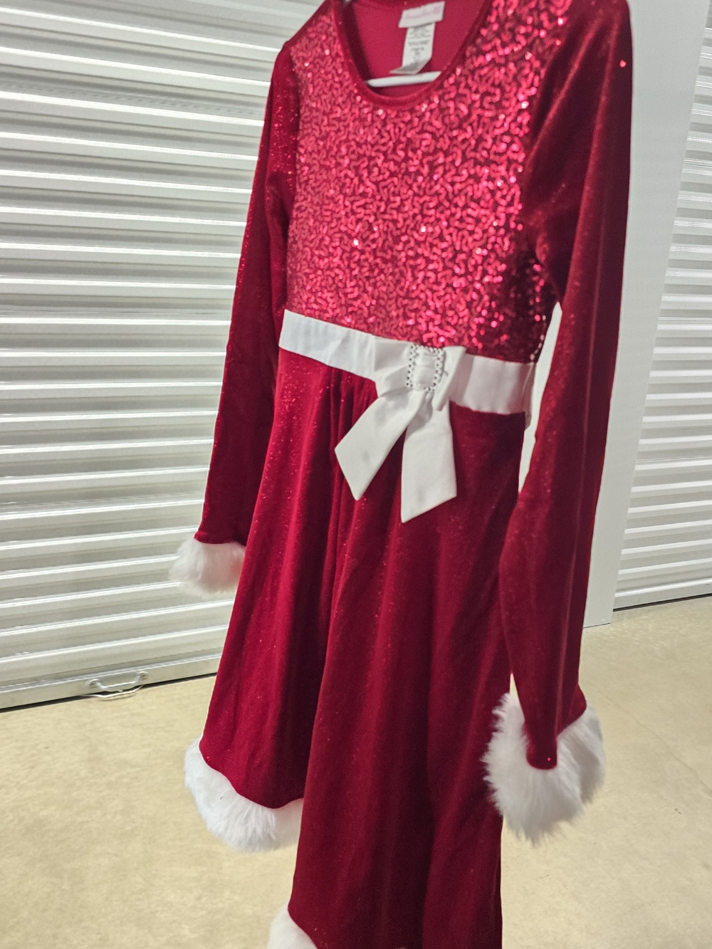Girls Red Sequin Velvet Holiday  Dress with White Bow -  Kids Or Preteens